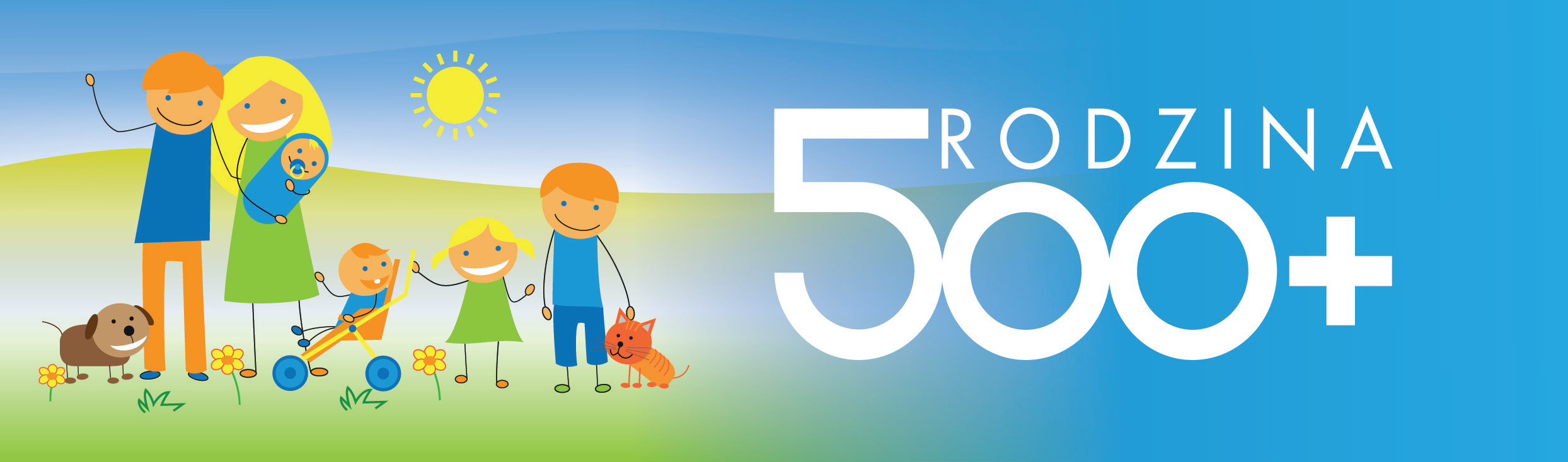 Ilustracja prezentująca rodziców z czwórką dzieci i psem - logo z ulotek promujących program 500+