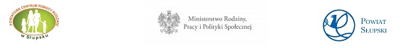 Graficzne loga: Powiatowego Centrum Pomocy Rodzinie w Słupsku, Ministerstwa Rodziny, Pracy i Polityki Społecznej oraz Powiatu Słupskiego.