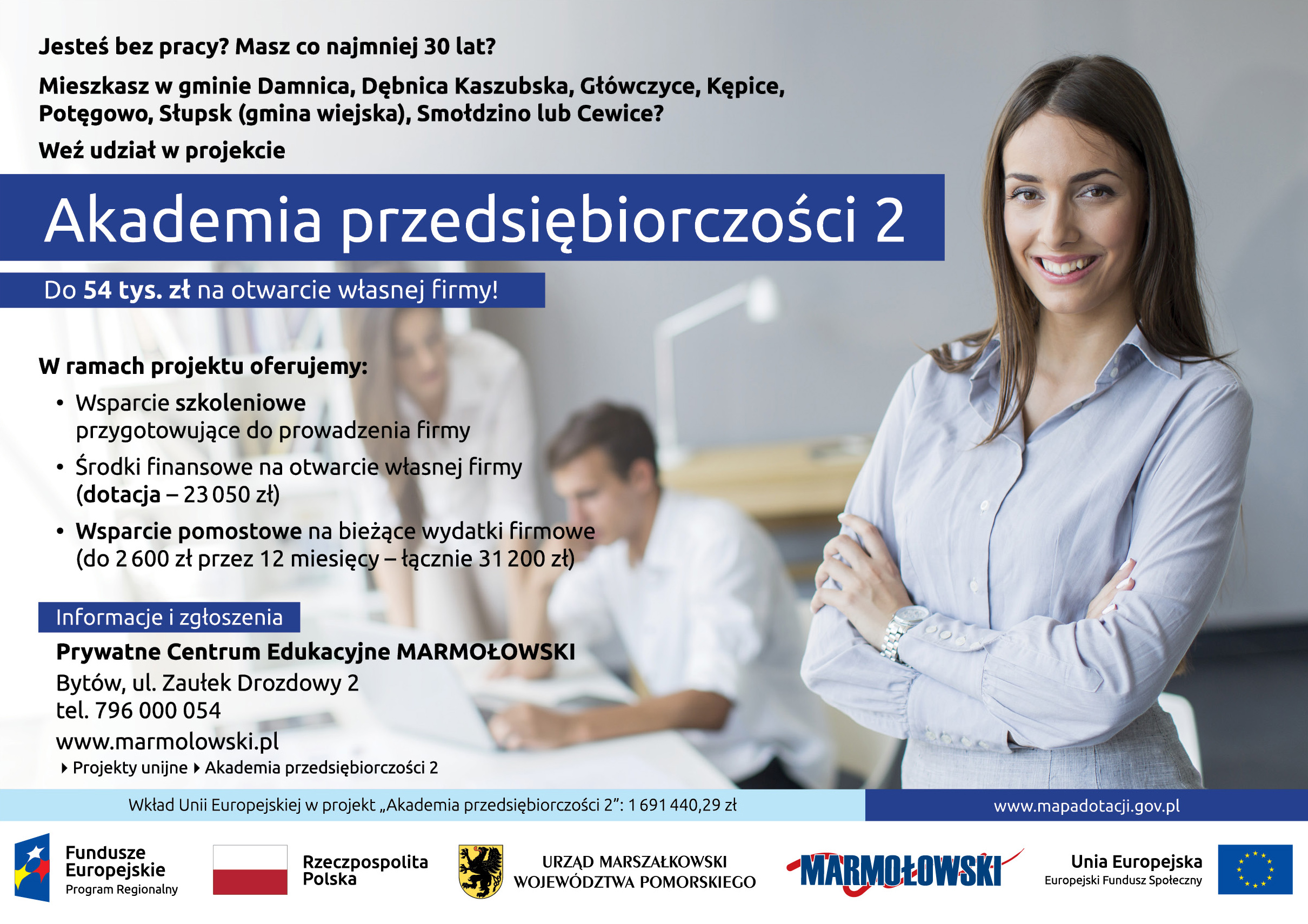 Plakat informujący i zapraszający do udziału w projekcie Akademia przedsiębiorczości 2