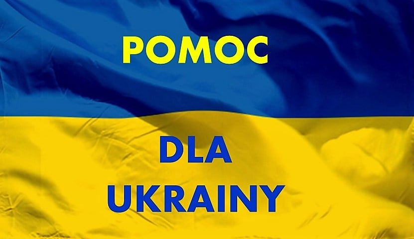 flaga ukraińska z napisem pomoc dla Ukrainy