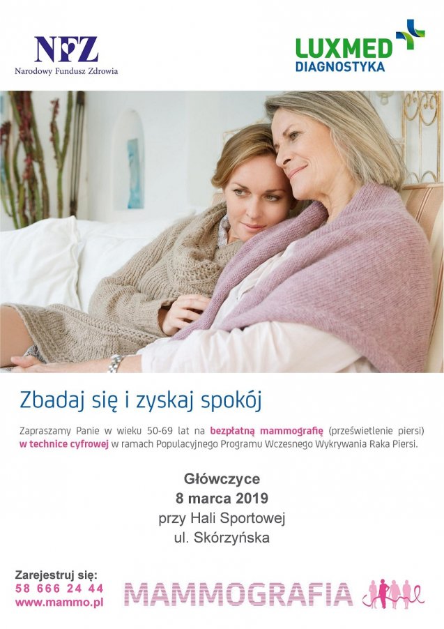 Plakat informujący o bezpłatnych badaniach mammograficznych organizowanych w Główczycach. Więcej informacji w tekście poniżej.