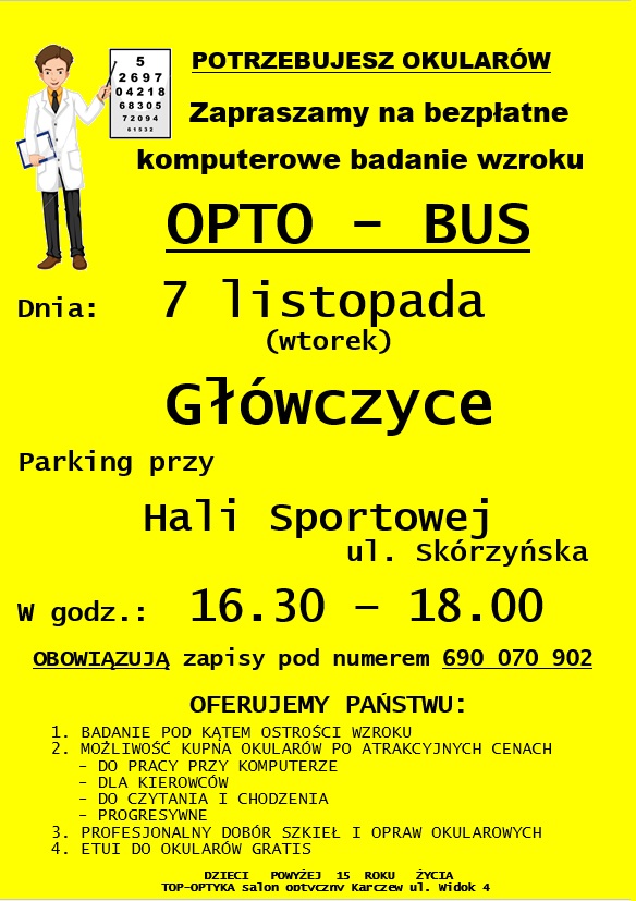 Bezpłatne badanie wzroku dnia 7 listopada 2023r. godz. 16:30- 18:00. Parking przy Hali sportowej w Główczycach.
